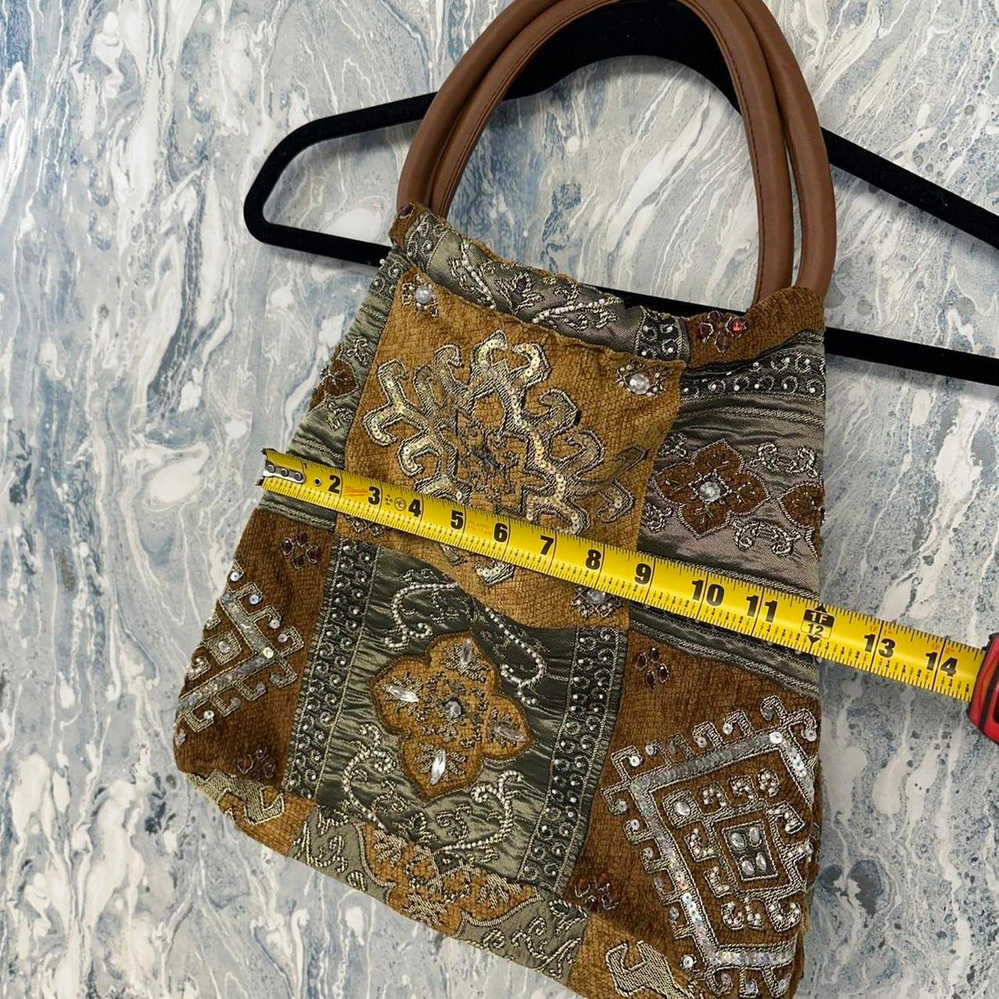 Bohemian Tan & Gold Embellished Patchwork Tapestry Bag