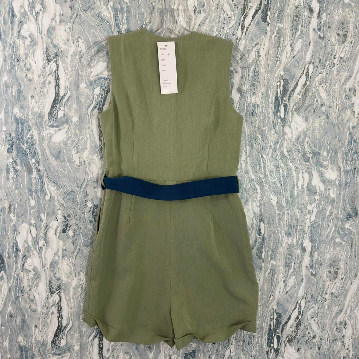 Chic Preppy Sage Wrap Romper with Navy Belt (XS)