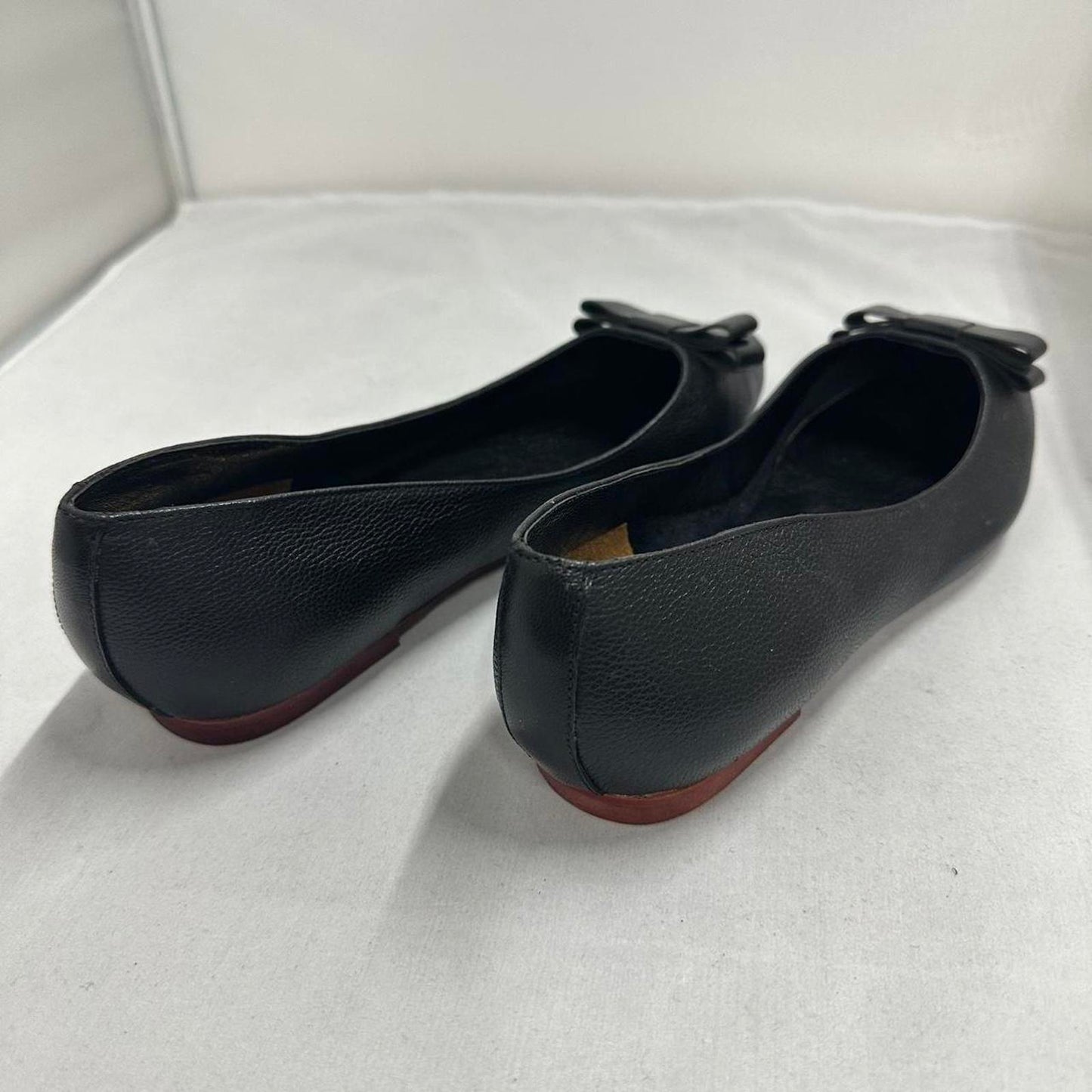 Designer Preppy Black Leather Bow Ballet Flats (10M)