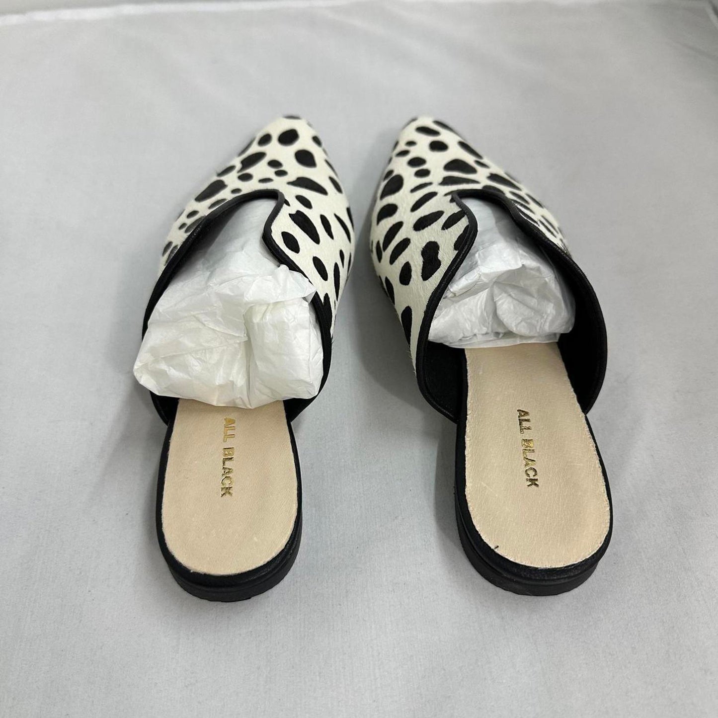 All Black Cow Print Mules (7.5)