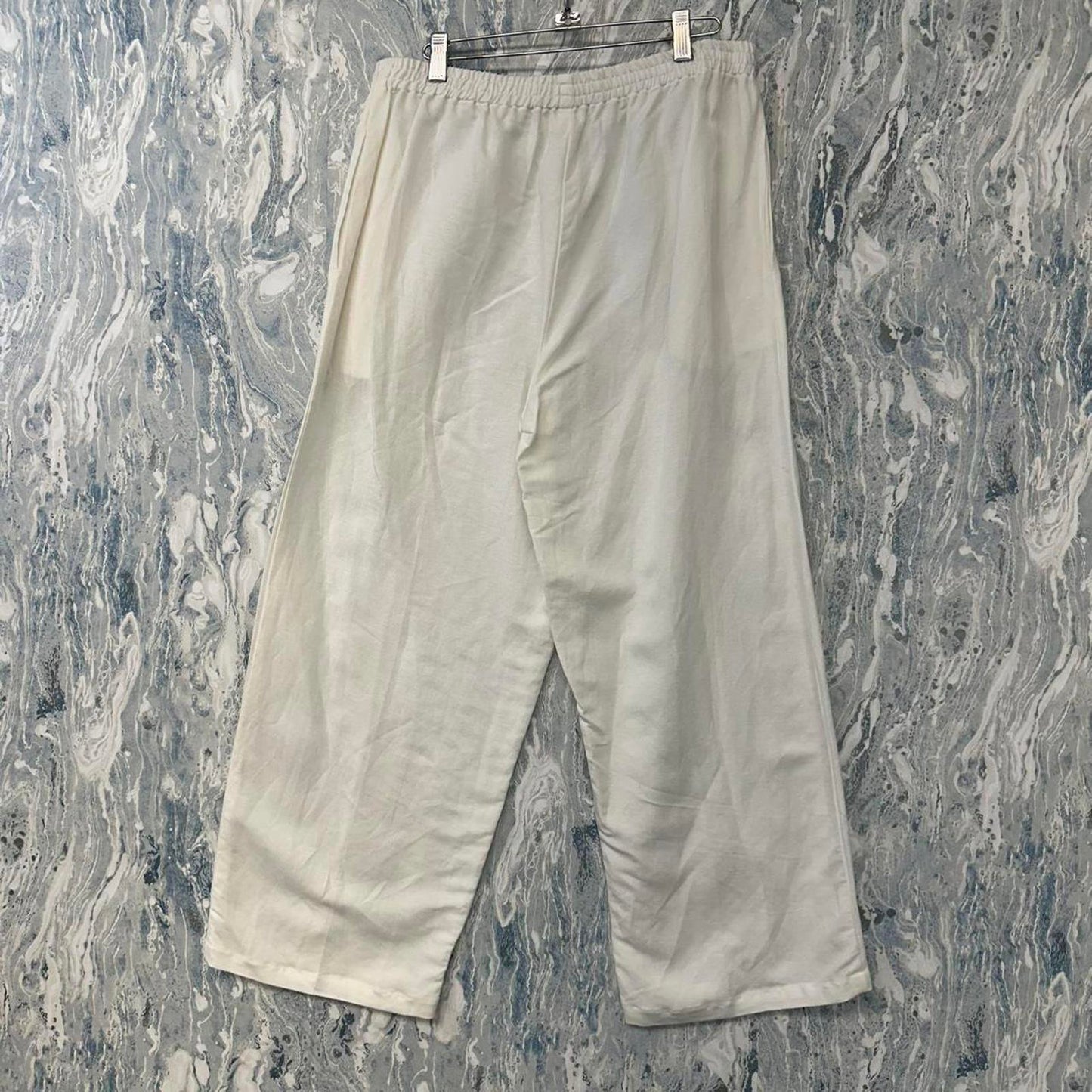 Taravao Designer White Elastic Waist Wide Leg Pants (L)