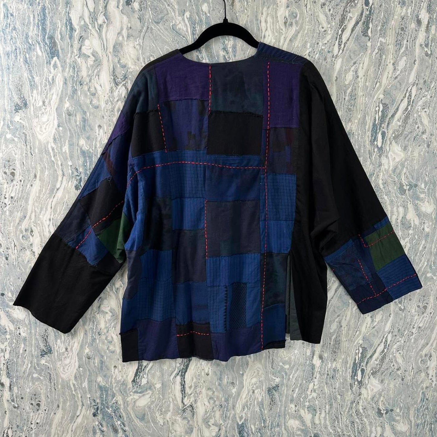 Boho Black & Blue Patchwork Button-Up Jacket (S/M)