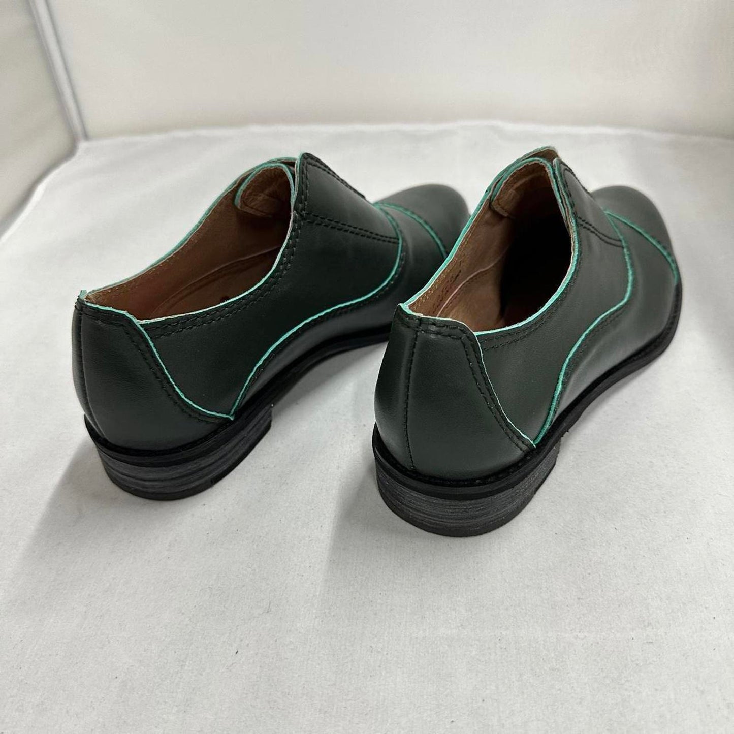 Designer Vintage Style Dark Green Leather Loafers (40)