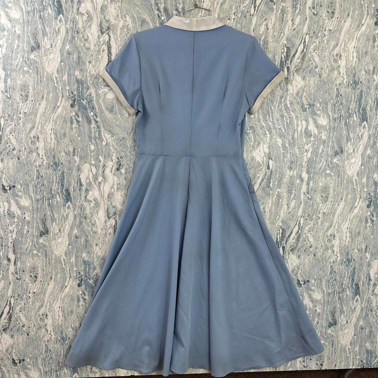 Vintage Classic Blue & Cream Midi Dress with Shawl Collar (L)