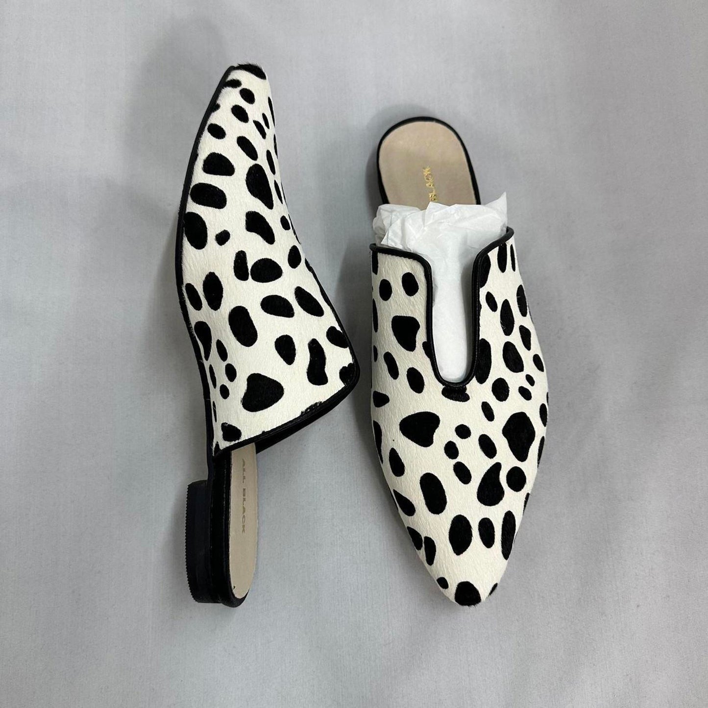 All Black Cow Print Mules (7.5)