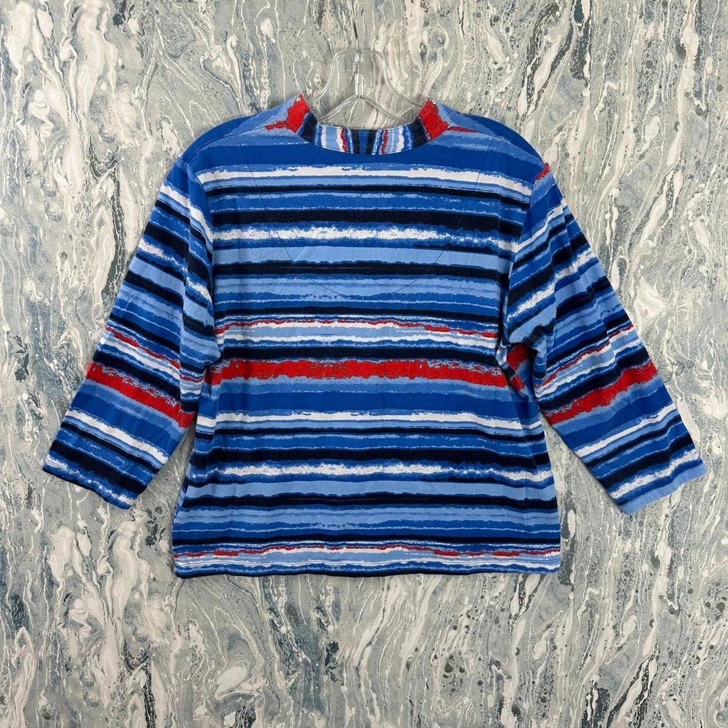 Ruby Rd. Striped Blue Red V-Neck Studded Petite Top (PL)