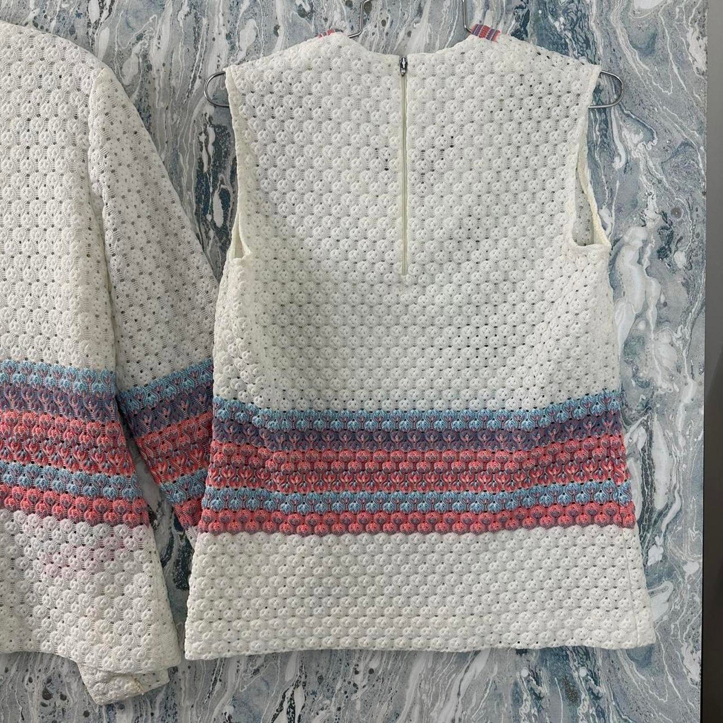 Vintage Textured White & Pink Knit Cardigan and Vest Set (L)