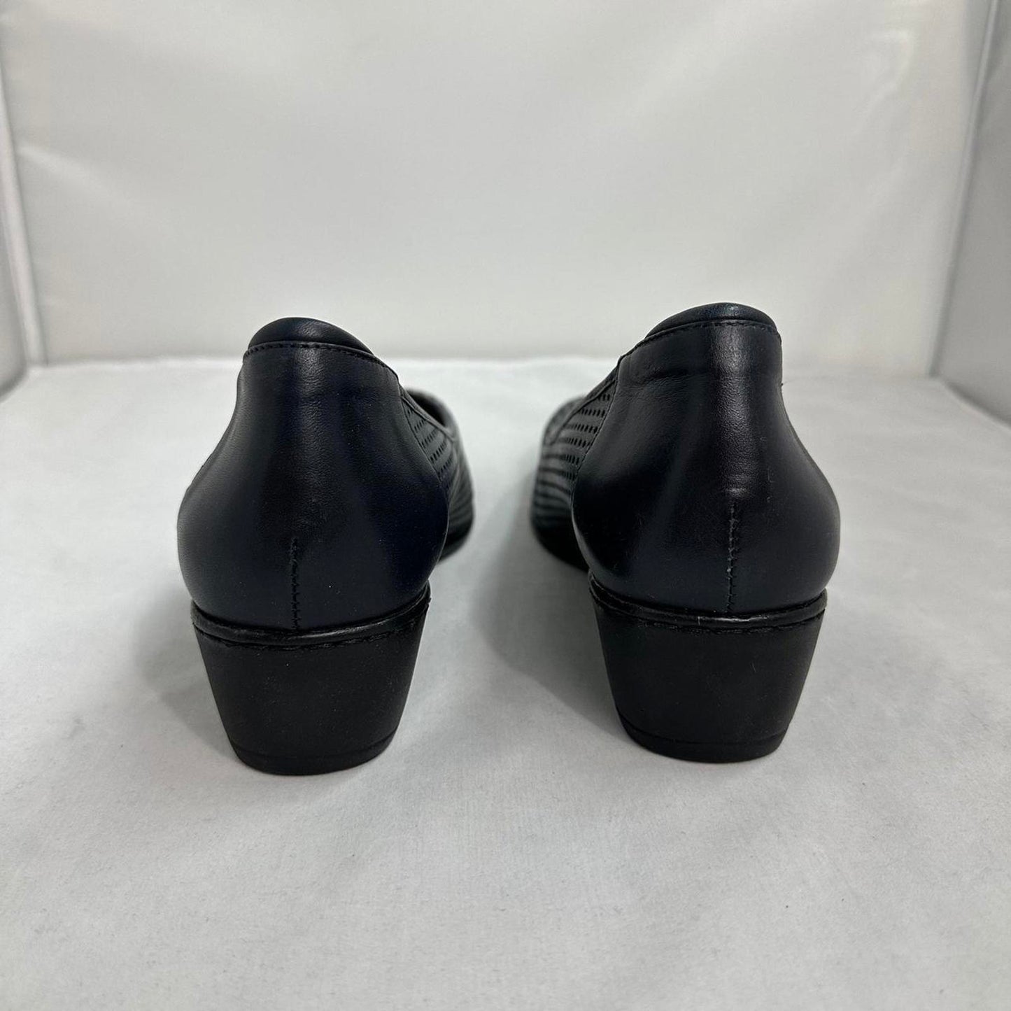 Perforated Navy Leather Wedge Shoes (9)