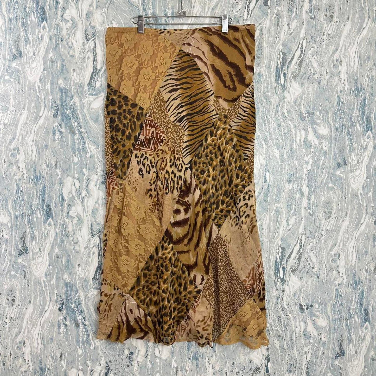 Vintage Y2K Bohemian René Derhy Patchwork Animal Print Maxiskirt (XL)