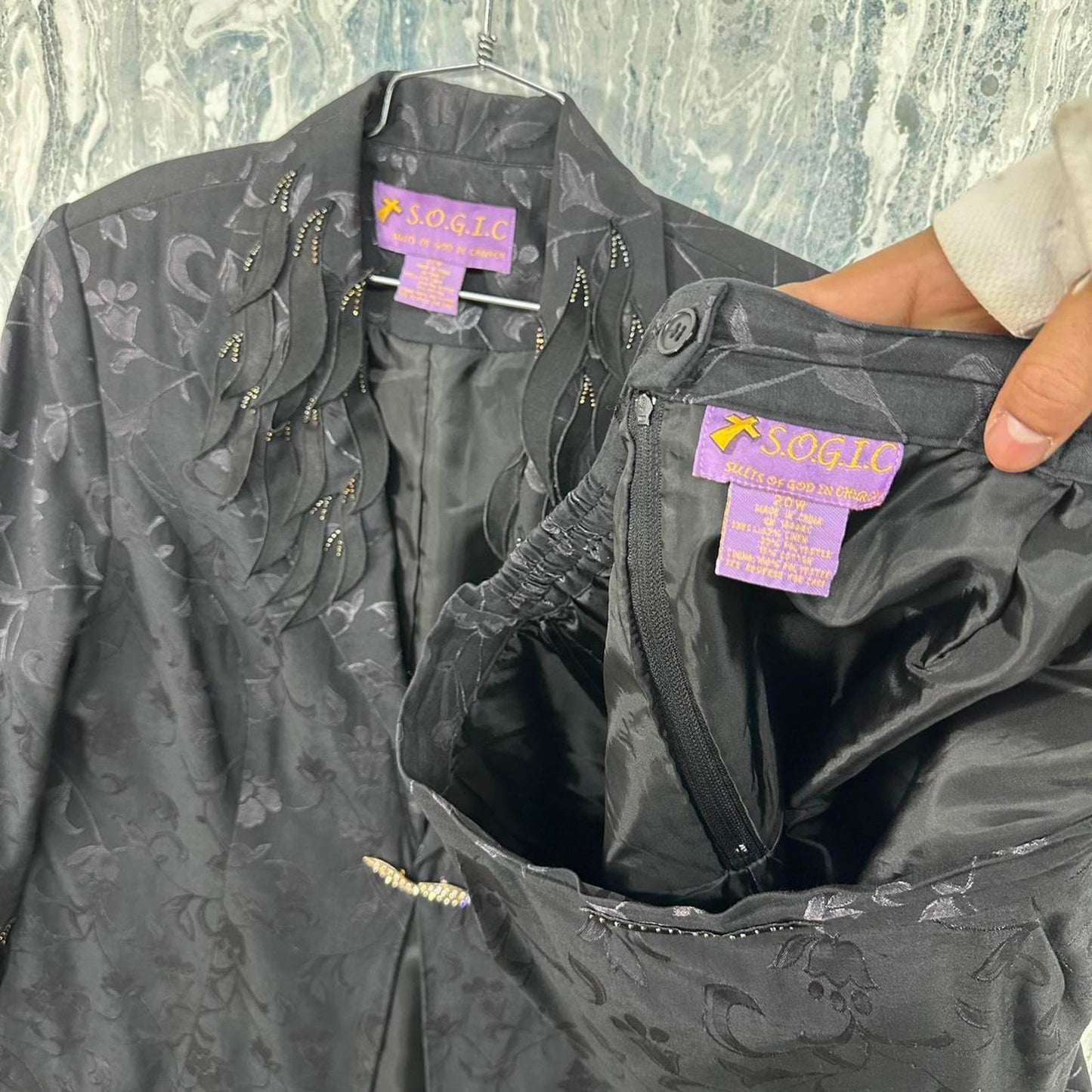 Vintage Black Jacquard Floral Gospel Blazer and Skirt Set (20W)