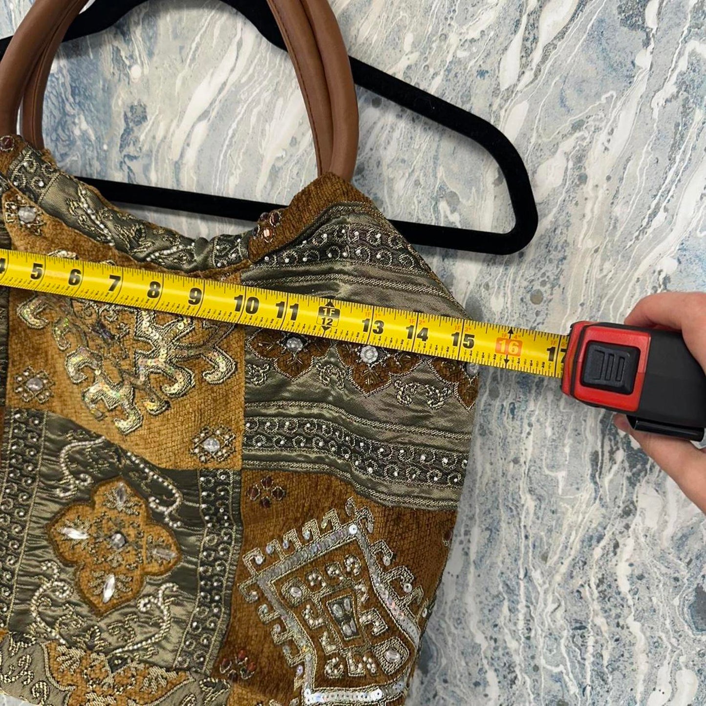 Bohemian Tan & Gold Embellished Patchwork Tapestry Bag