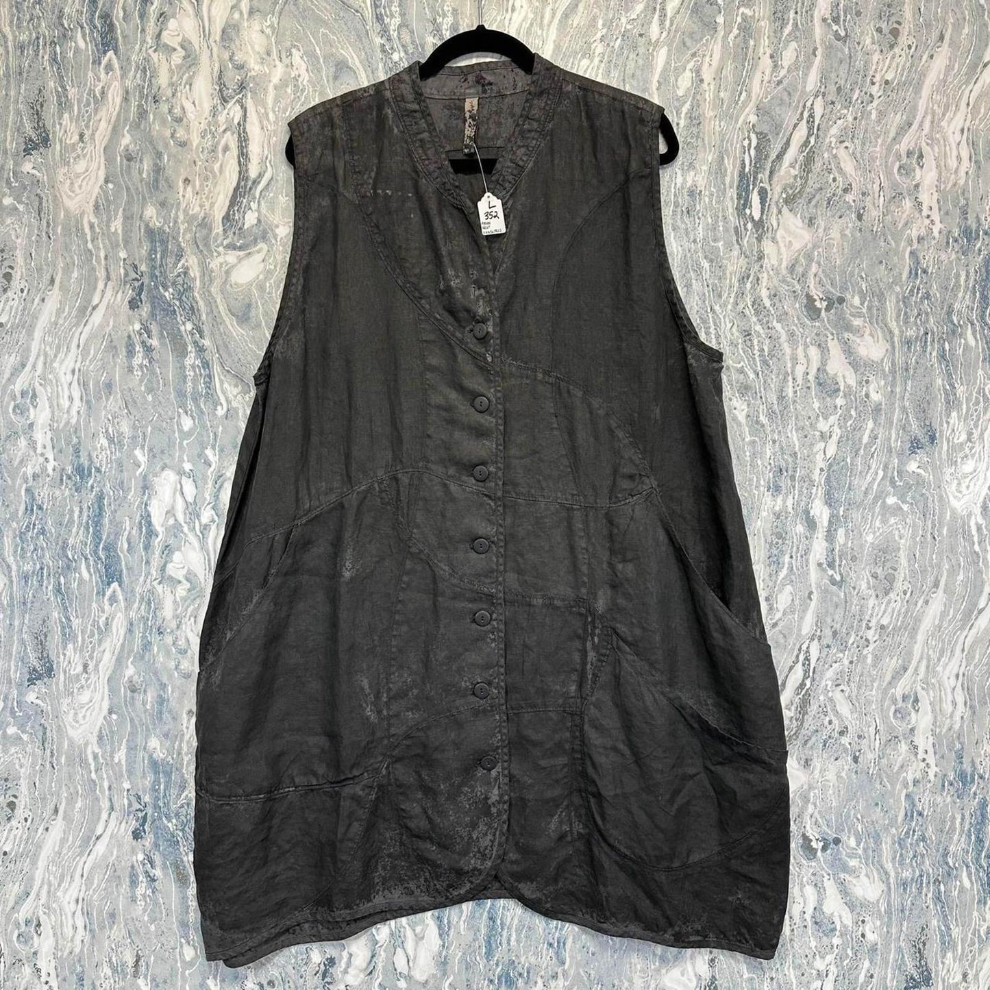 Dark Sleeveless Button-Up Linen Vest Dress (L)