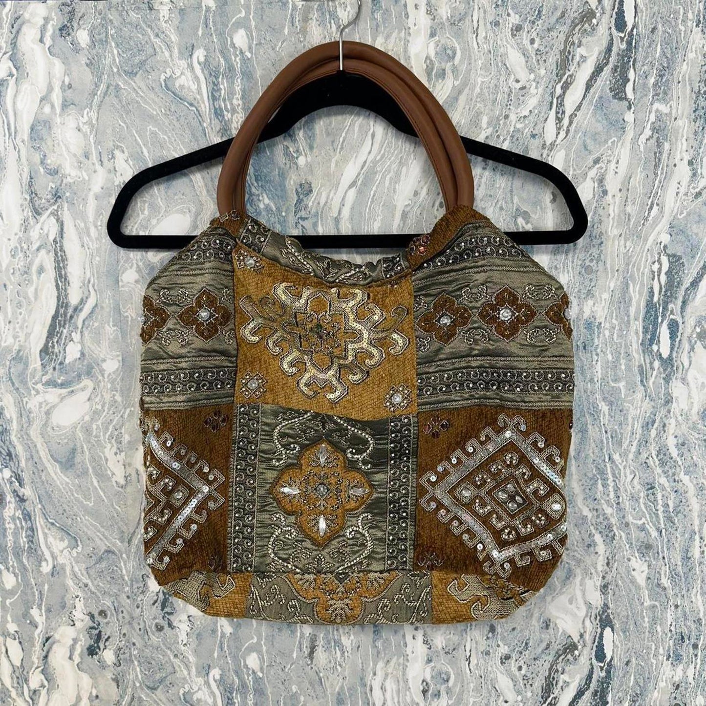 Bohemian Tan & Gold Embellished Patchwork Tapestry Bag