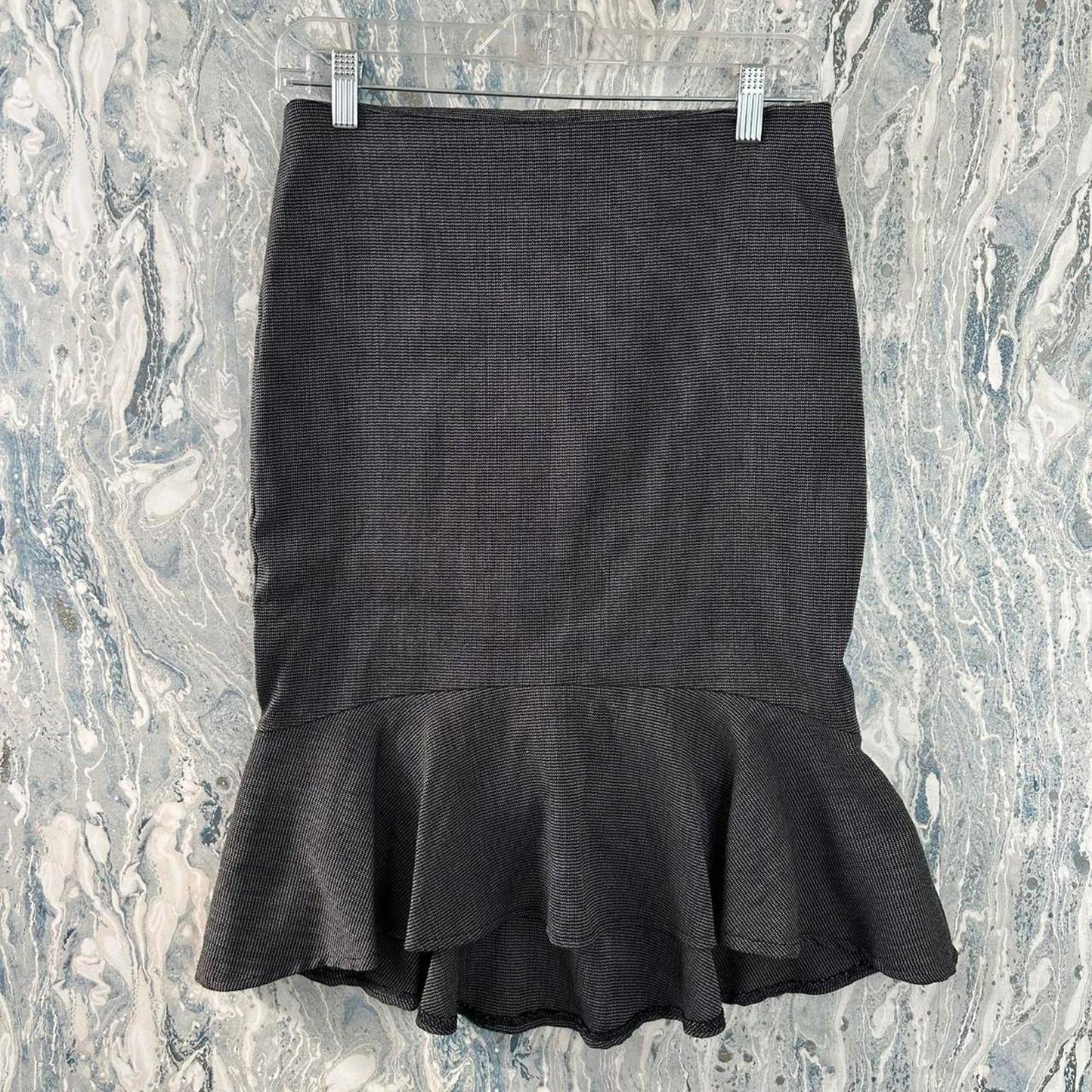 Vintage WAWA Black Charcoal Ruffle Hem Pencil Skirt with Bow Detail (M)