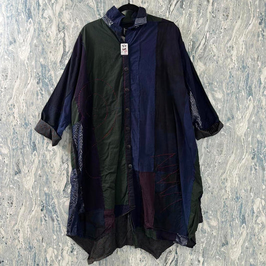 Boho Patchwork Button-Up Tunic Shirt Dress (S/M)