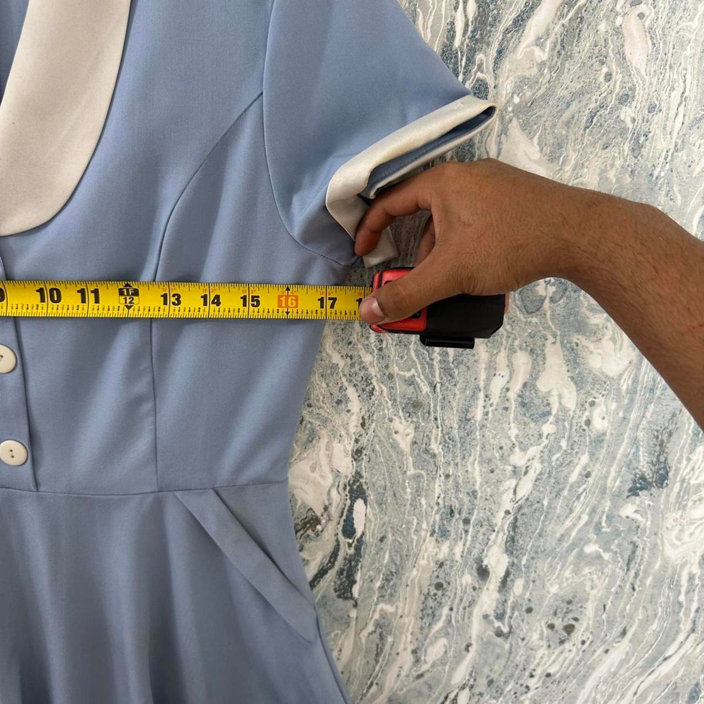 Vintage Classic Blue & Cream Midi Dress with Shawl Collar (L)