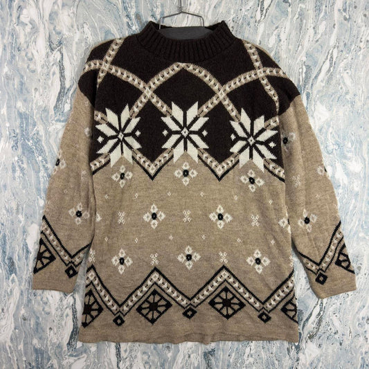 Vintage Tan & Brown Preppy Patterned Knit Winter Christmas Snowflake Sweater (M)