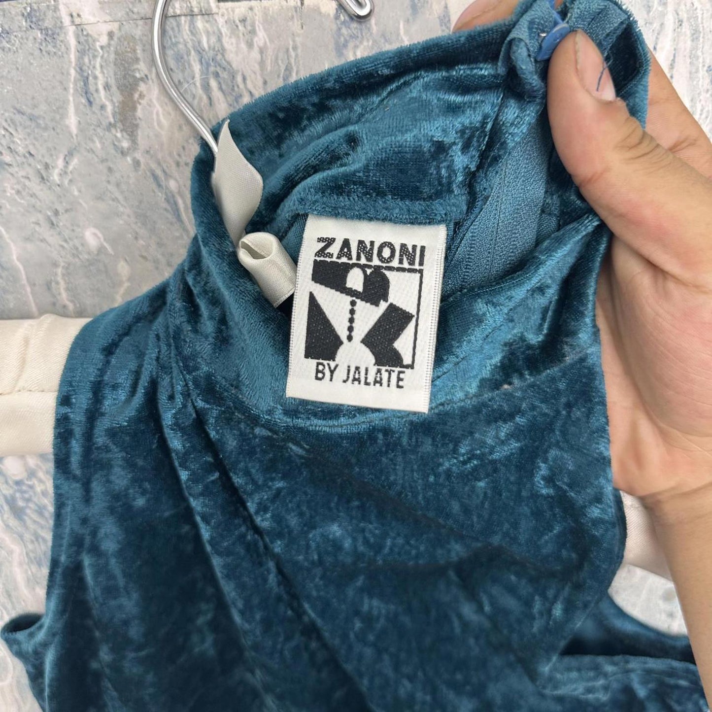 ZANONI Vintage Velvet Dark Teal High Neck Dress (S)