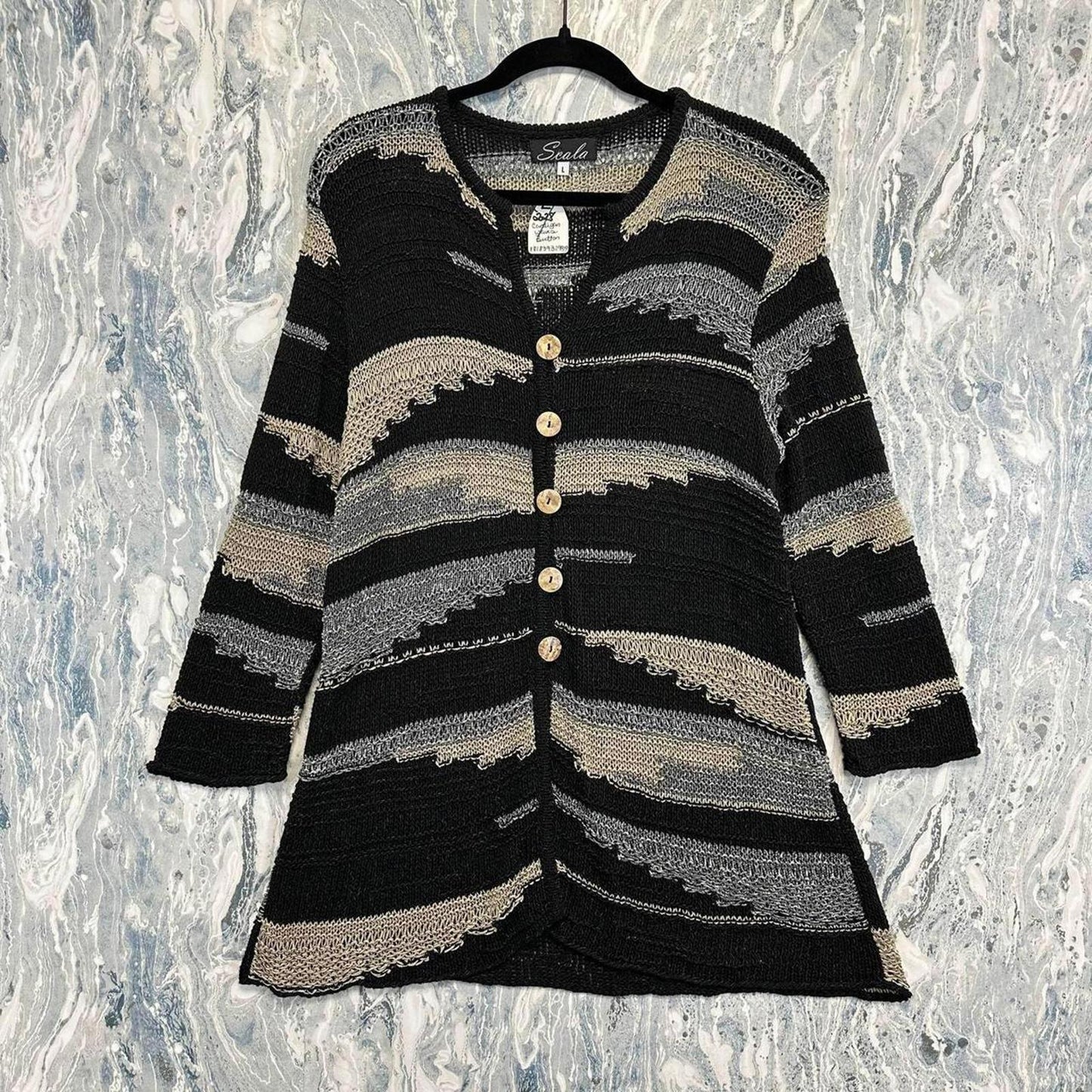 Black and Gray Striped Button-Up Cardigan (L)