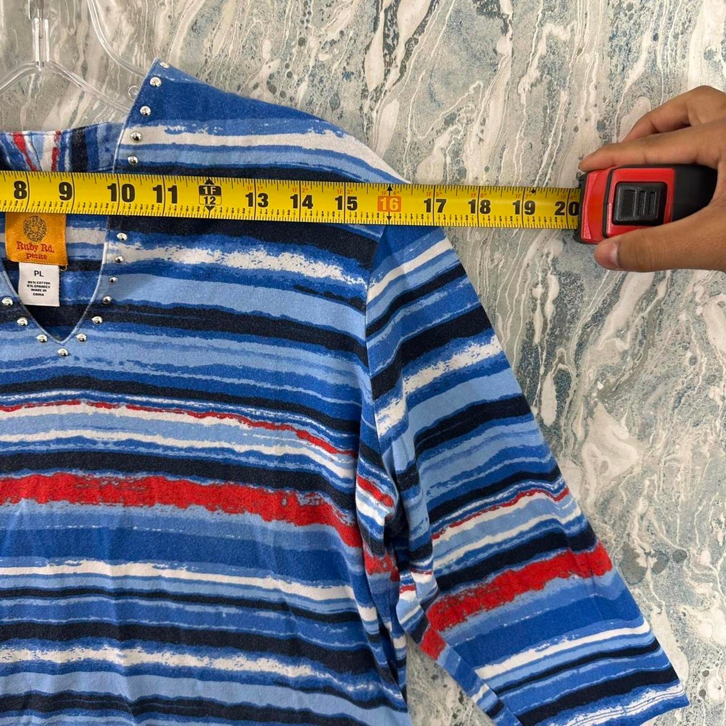 Ruby Rd. Striped Blue Red V-Neck Studded Petite Top (PL)