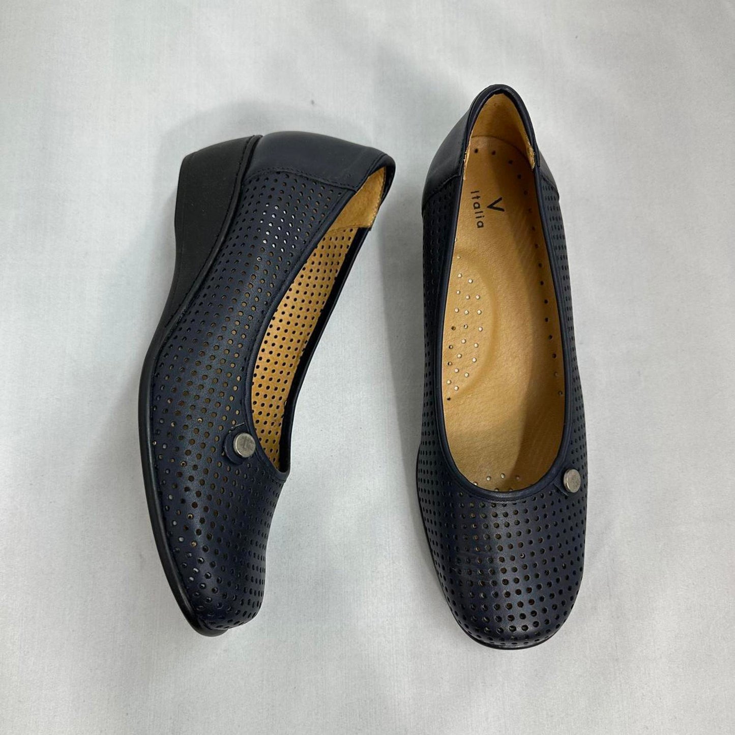 Perforated Navy Leather Wedge Shoes (9)