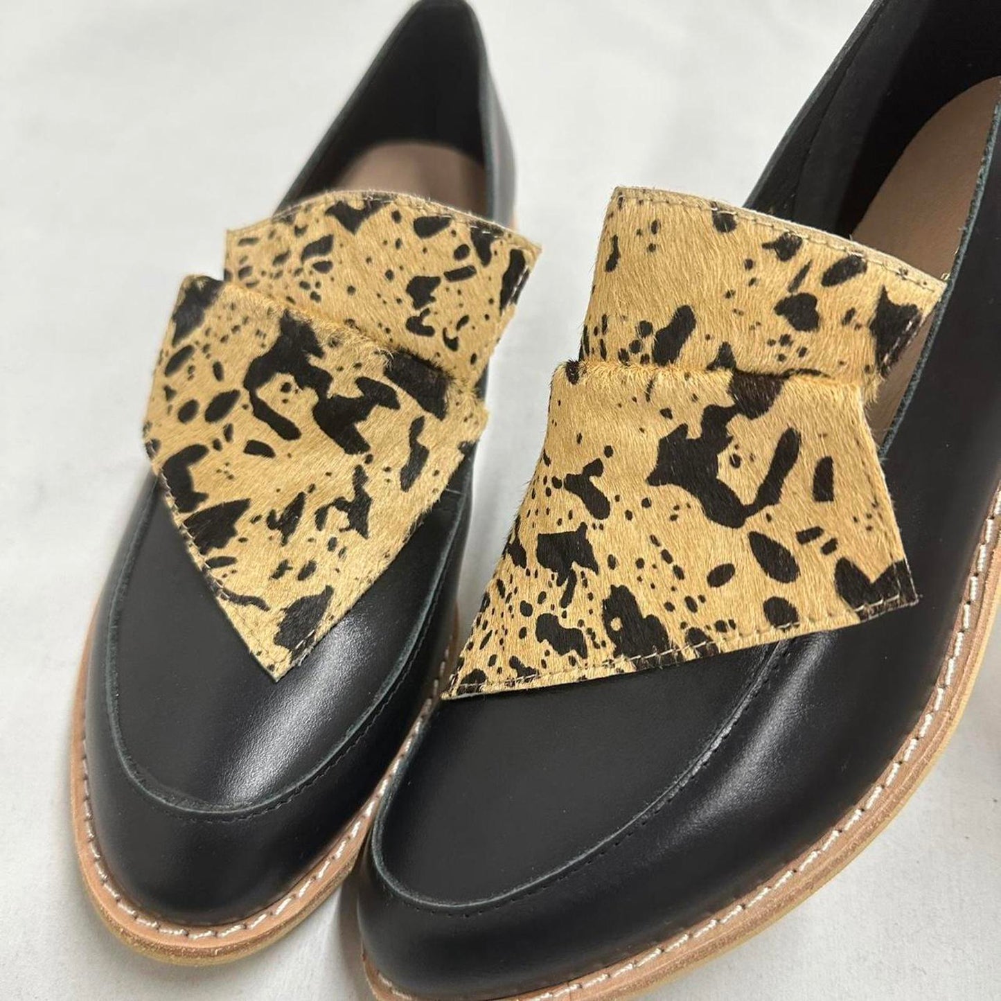 Designer Flat Bow Cowman Black Splatter Loafers (37)