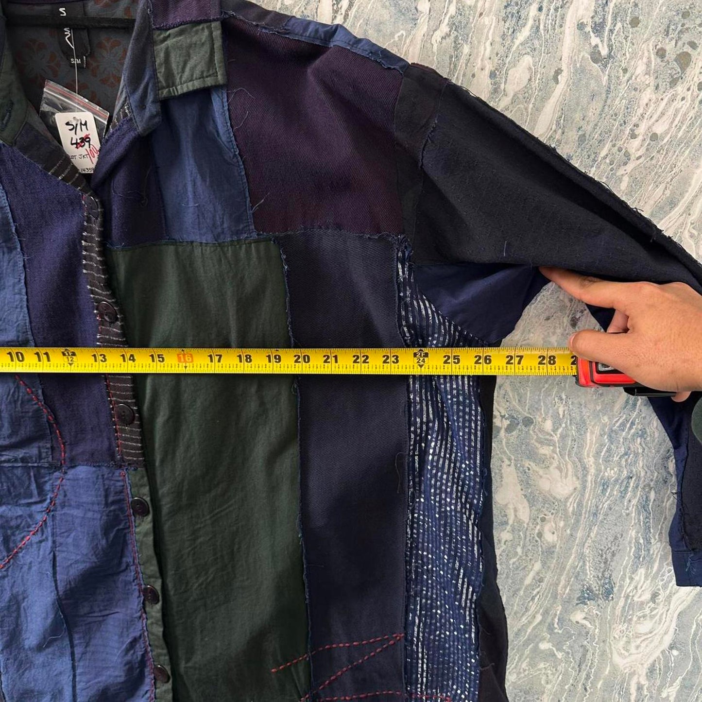 Designer Patchwork Navy Blue & Green Tunic Dress (S)