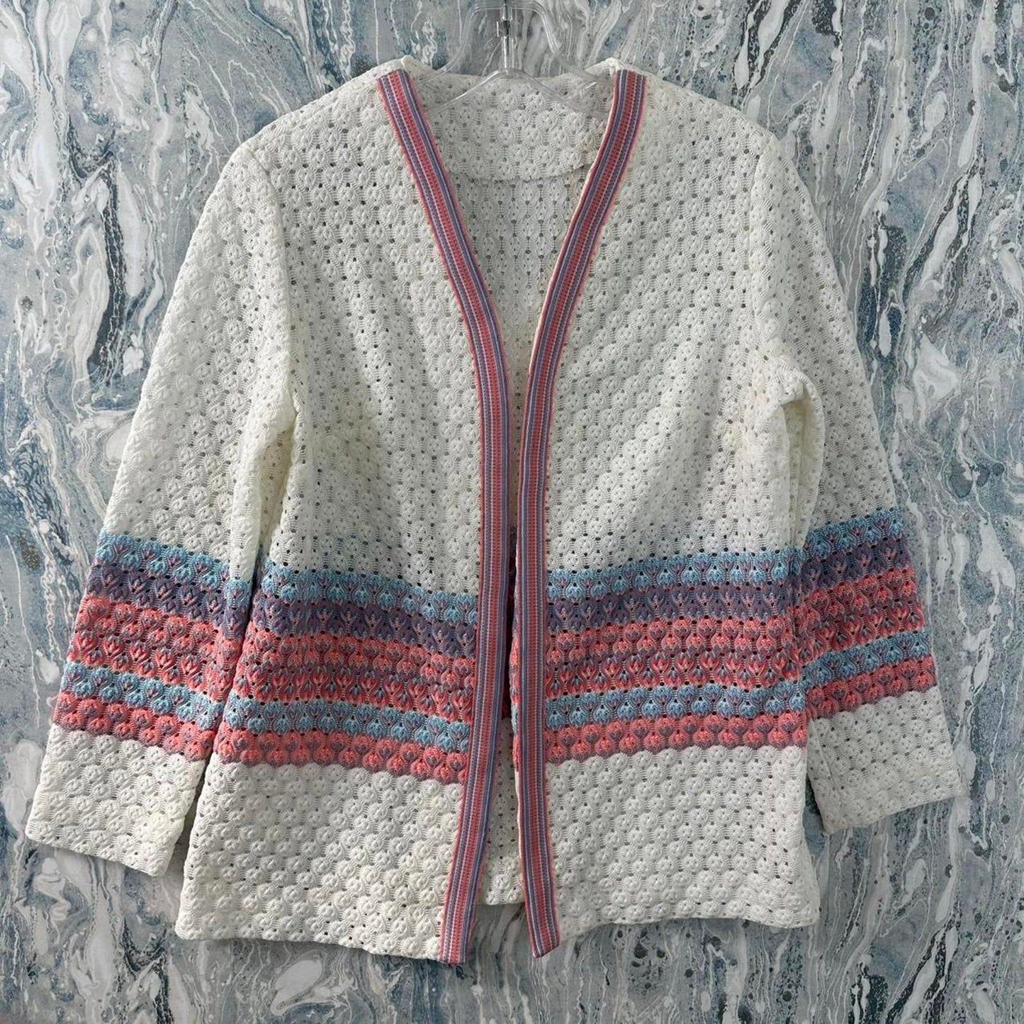 Vintage Textured White & Pink Knit Cardigan and Vest Set (L)
