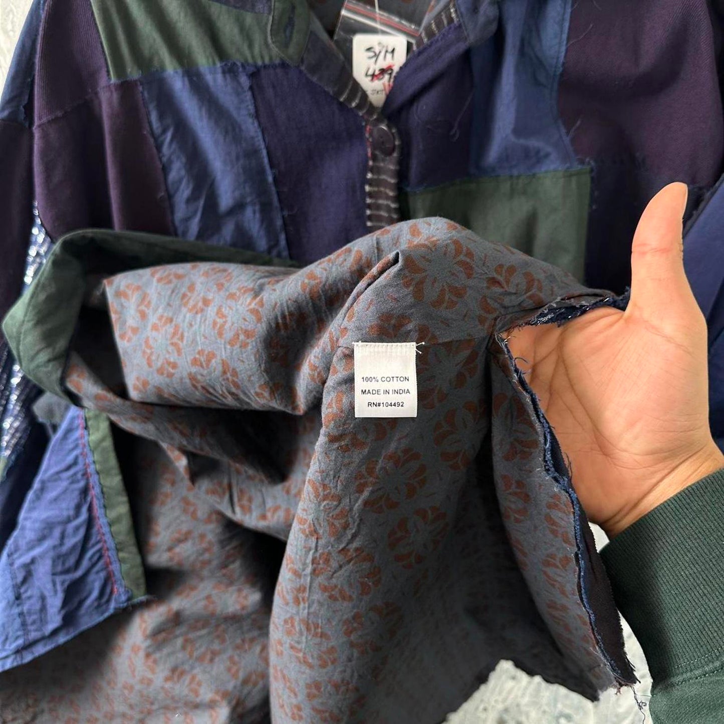 Designer Patchwork Navy Blue & Green Tunic Dress (S)