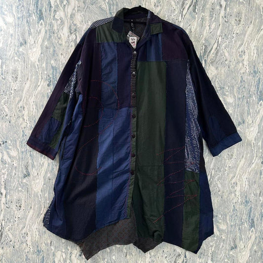 Designer Patchwork Navy Blue & Green Tunic Dress (S)