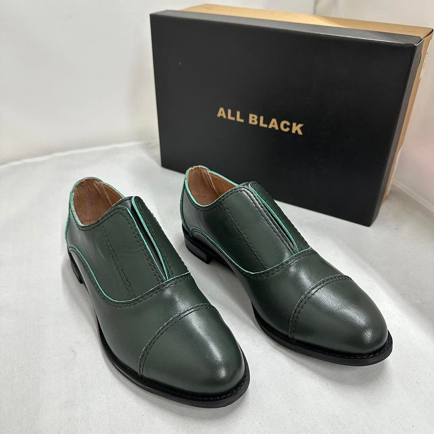 Designer Vintage Style Dark Green Leather Loafers (38)