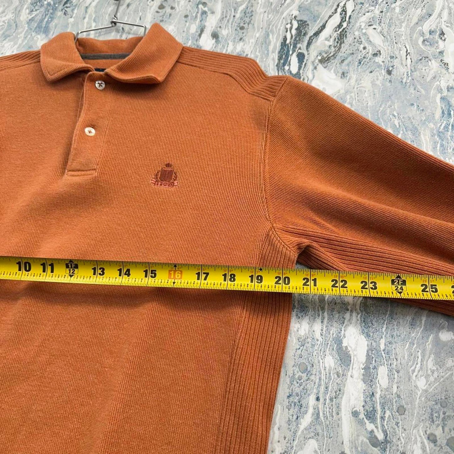 IZOD Ribbed Texture Burnt Orange Long Sleeve Polo Shirt (S)