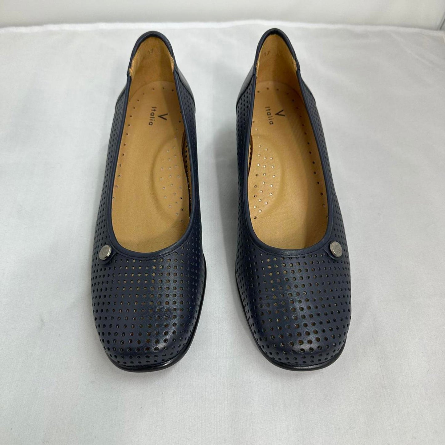 Perforated Navy Leather Wedge Shoes (9)