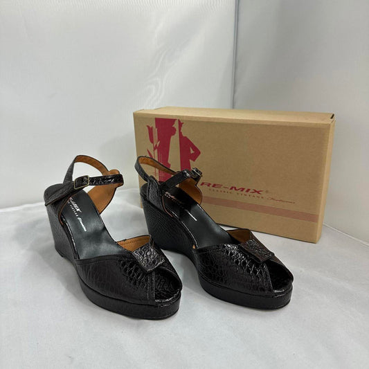 Re-Mix Brown Croc-Embossed Leather Wedge Sandals(10)