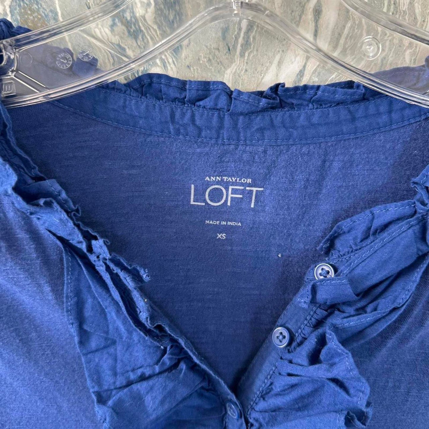 Y2K Ann Taylor LOFT Ruffle Trim Blue Long Sleeve Cotton Top (XS)