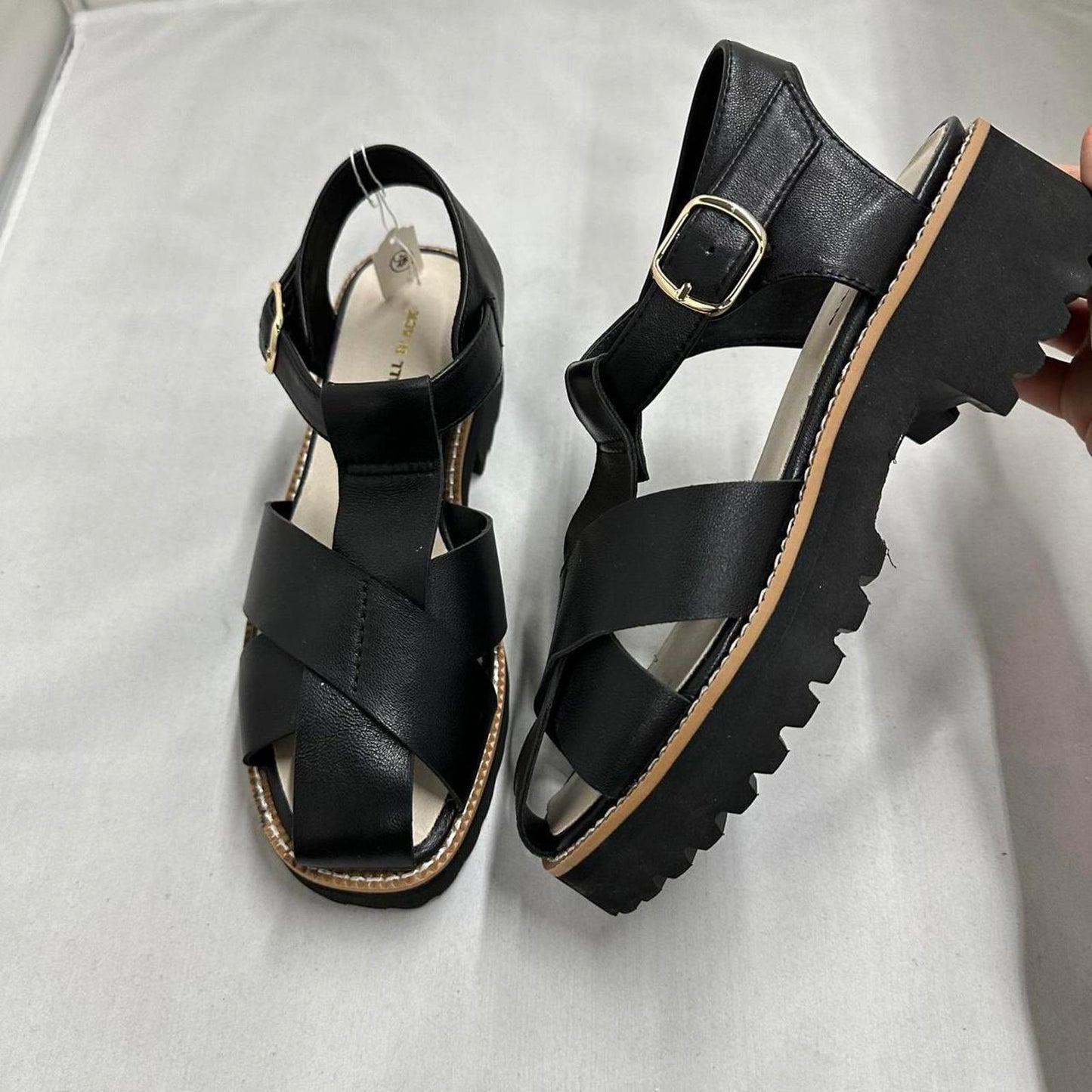 Designer Sleek Black Strappy Platform Sandals (38)