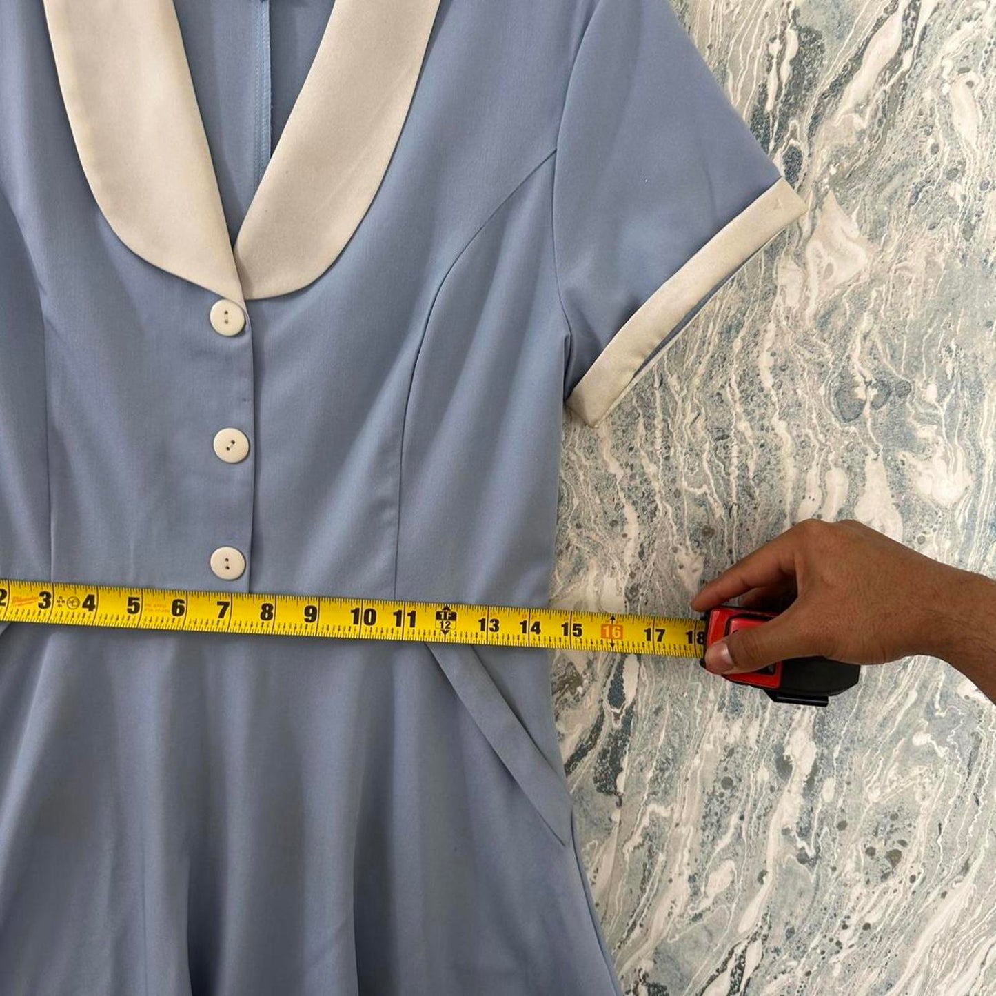 Vintage Classic Blue & Cream Midi Dress with Shawl Collar (L)