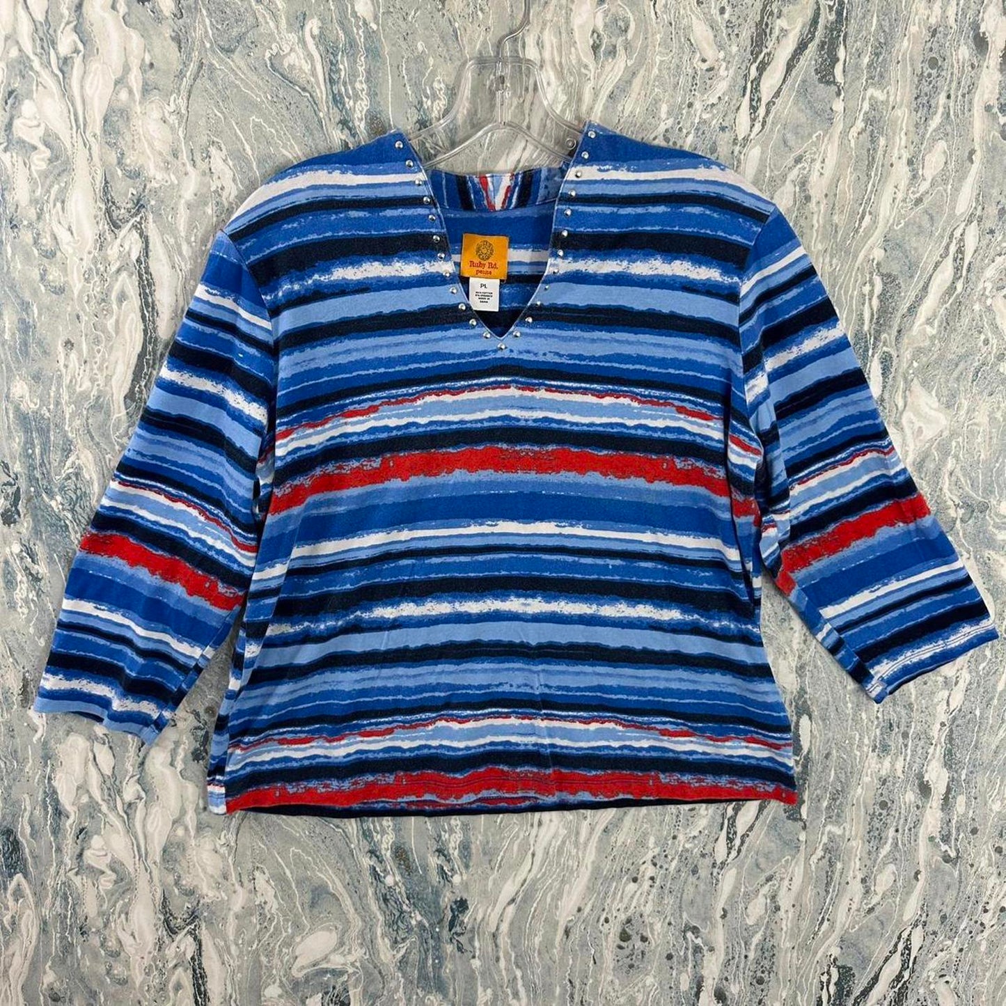 Ruby Rd. Striped Blue Red V-Neck Studded Petite Top (PL)