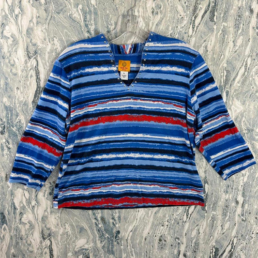 Ruby Rd. Striped Blue Red V-Neck Studded Petite Top (PL)