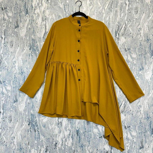 Asymmetrical Mustard Button-Up Blouse (1)