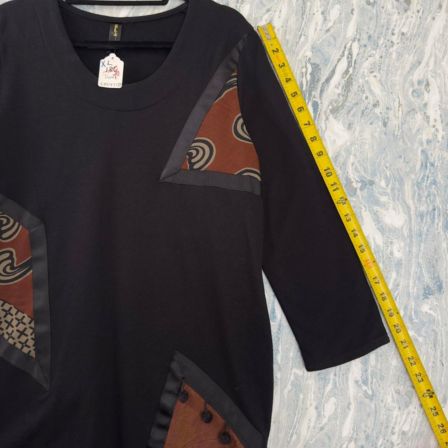 Boho Black Patchwork Geometric Pattern Tunic (XL)