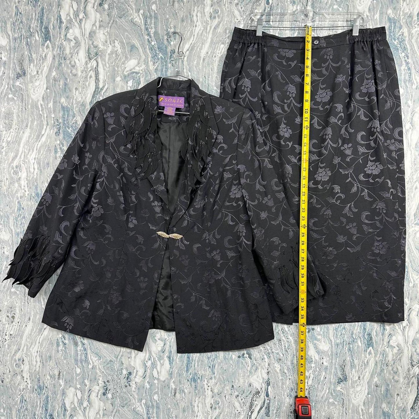 Vintage Black Jacquard Floral Gospel Blazer and Skirt Set (20W)