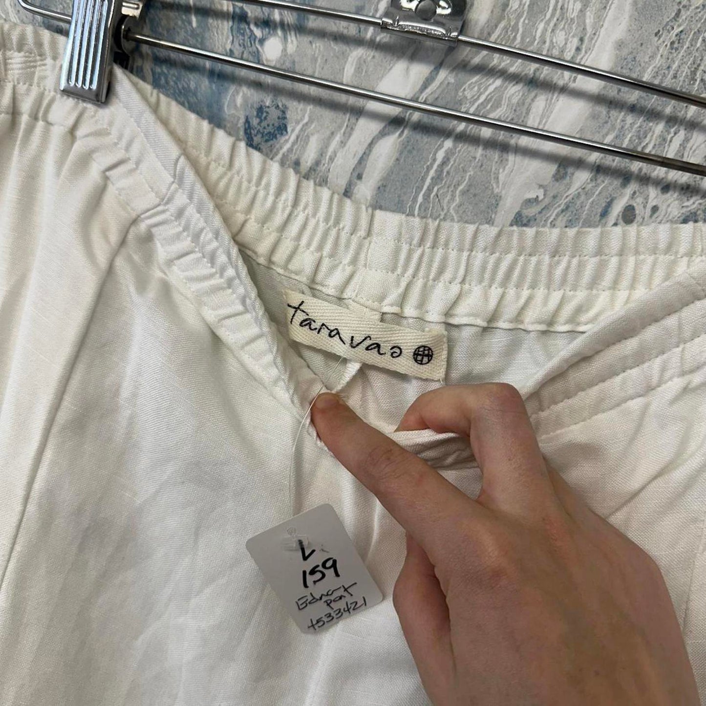 Taravao Designer White Elastic Waist Wide Leg Pants (L)