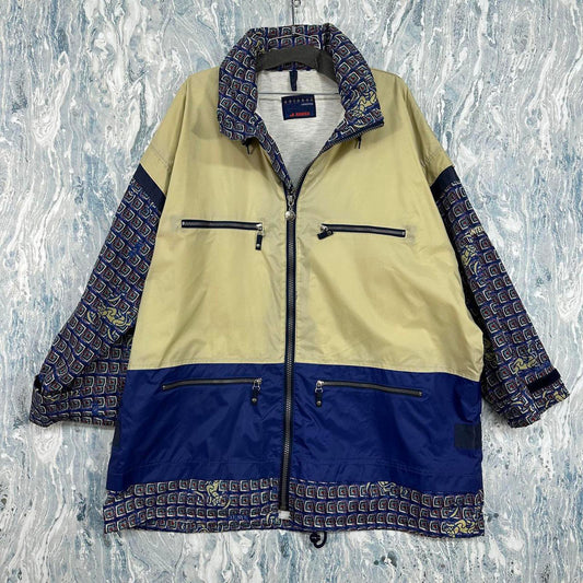 Vintage Cream & Blue Colorblock Windbreaker Jacket (XXXL)