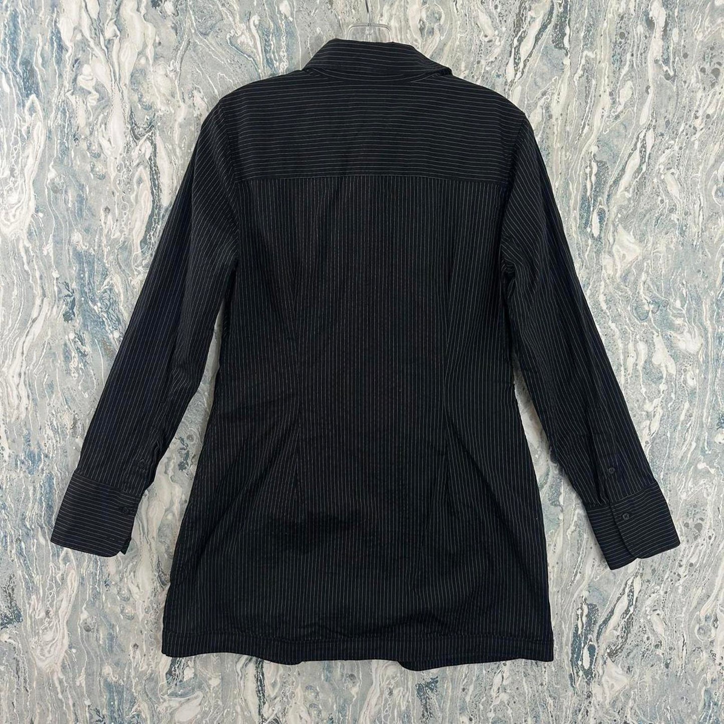 NEW YORK & COMPANY Black Pinstripe Long Sleeve Button-Up Tunic Shirt (10)