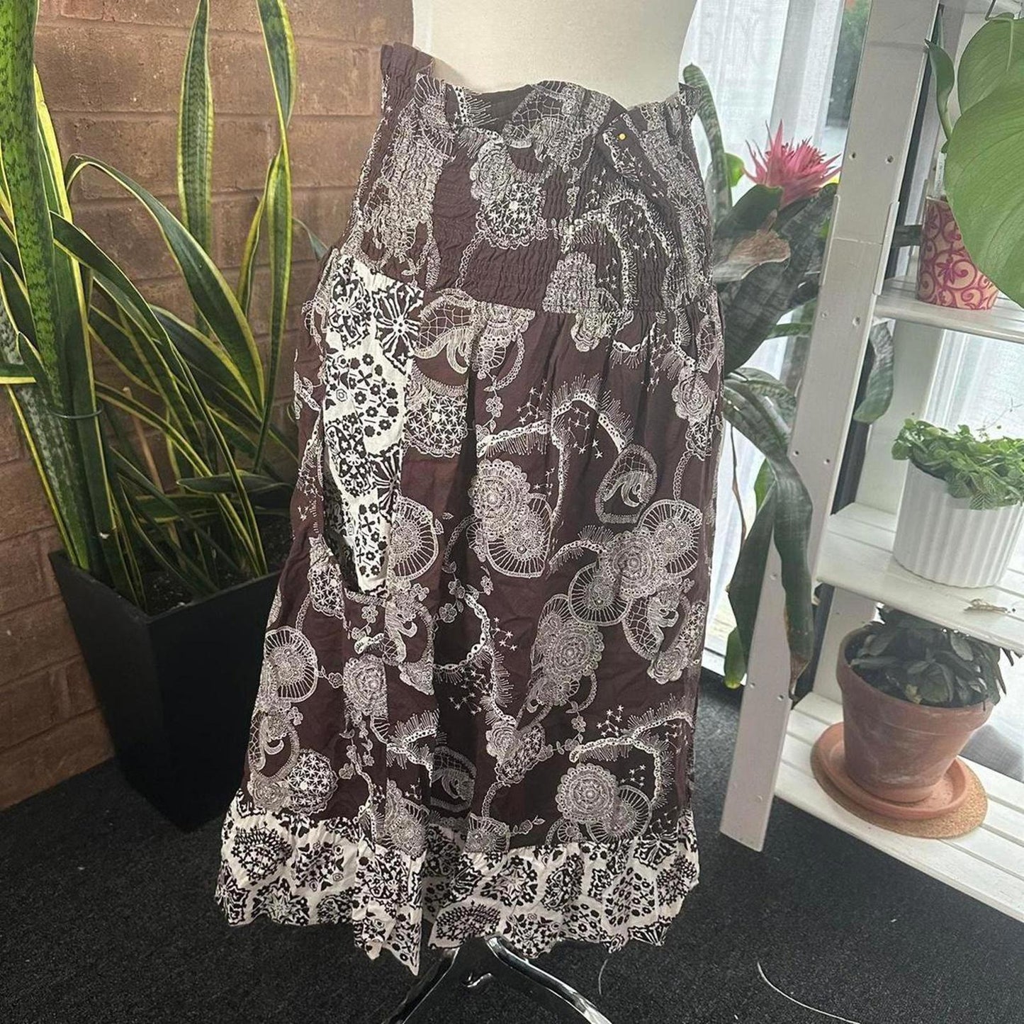 cottage brown patchwork maxi skirt (XL)