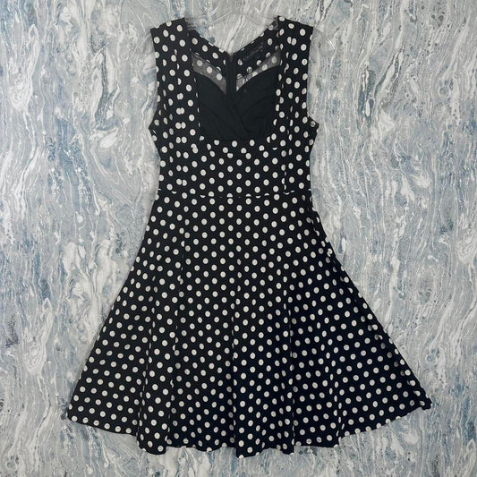 Classic Polka Dot Black & White Sleeveless Fit and Flare Dress (L)