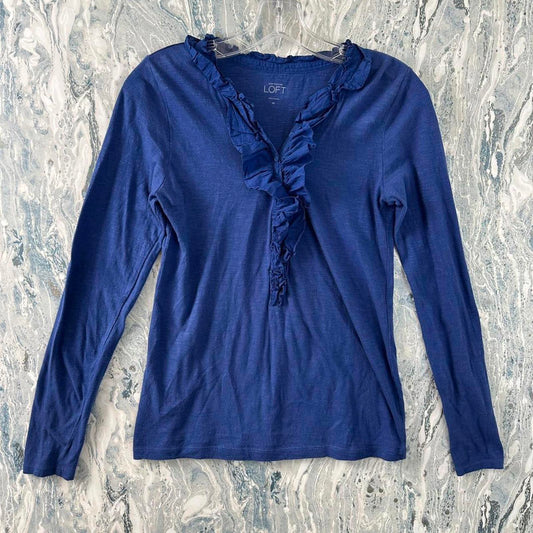Y2K Ann Taylor LOFT Ruffle Trim Blue Long Sleeve Cotton Top (XS)