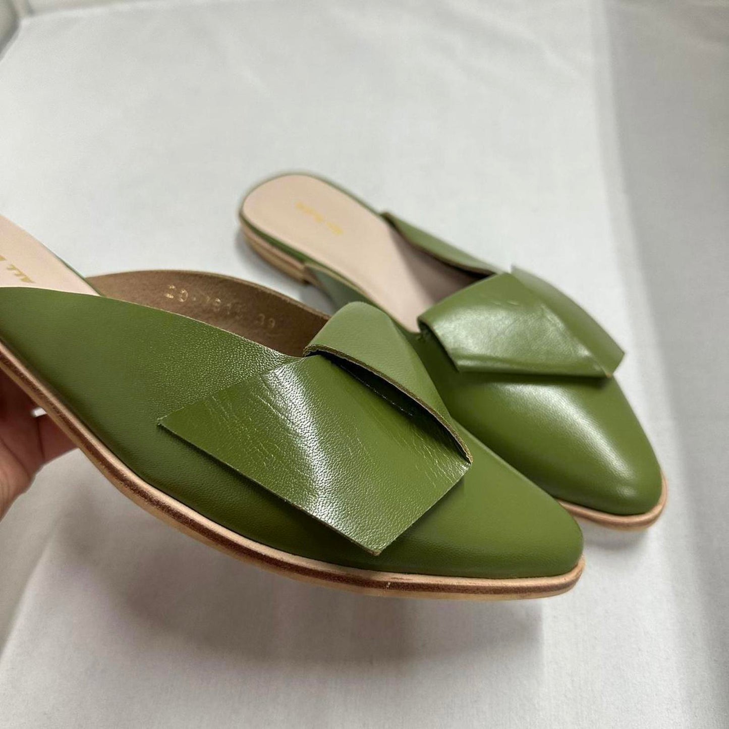 Contemporary Chic Olive Green Leather Half Bow Mule Sandals (8.5)