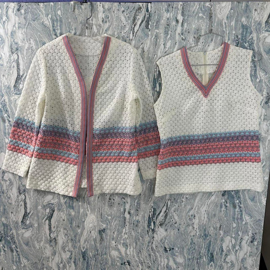 Vintage Textured White & Pink Knit Cardigan and Vest Set (L)